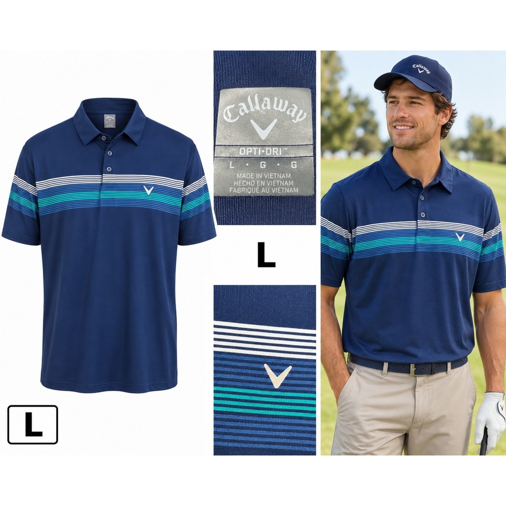 Callaway Opti-Dri Golf Polo‎ Mens L Navy Blue Striped Performance Shirt  Golf
